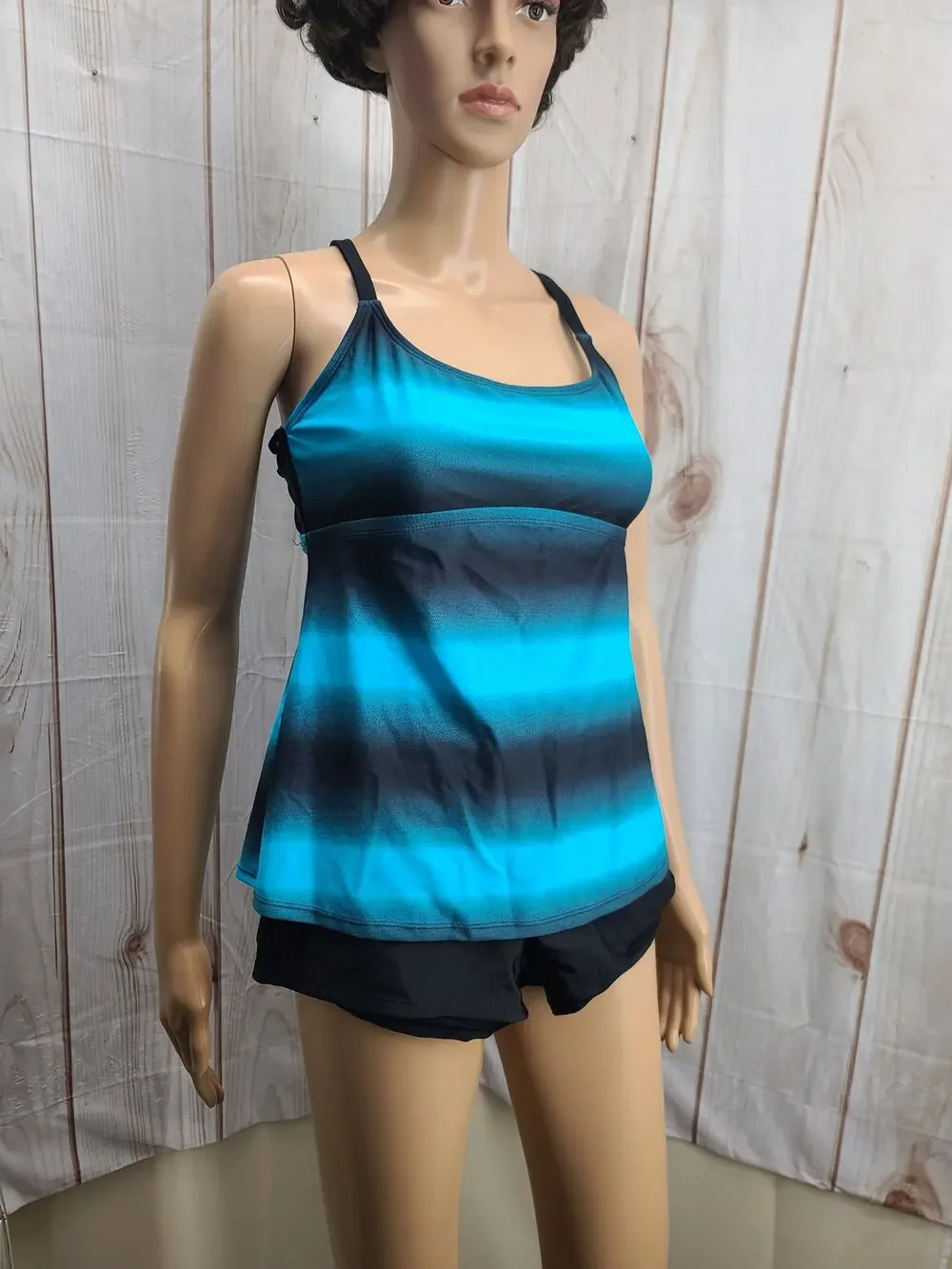 Women M Blue & Black Ombre Tankini Set Swimsuit Racerback Straps